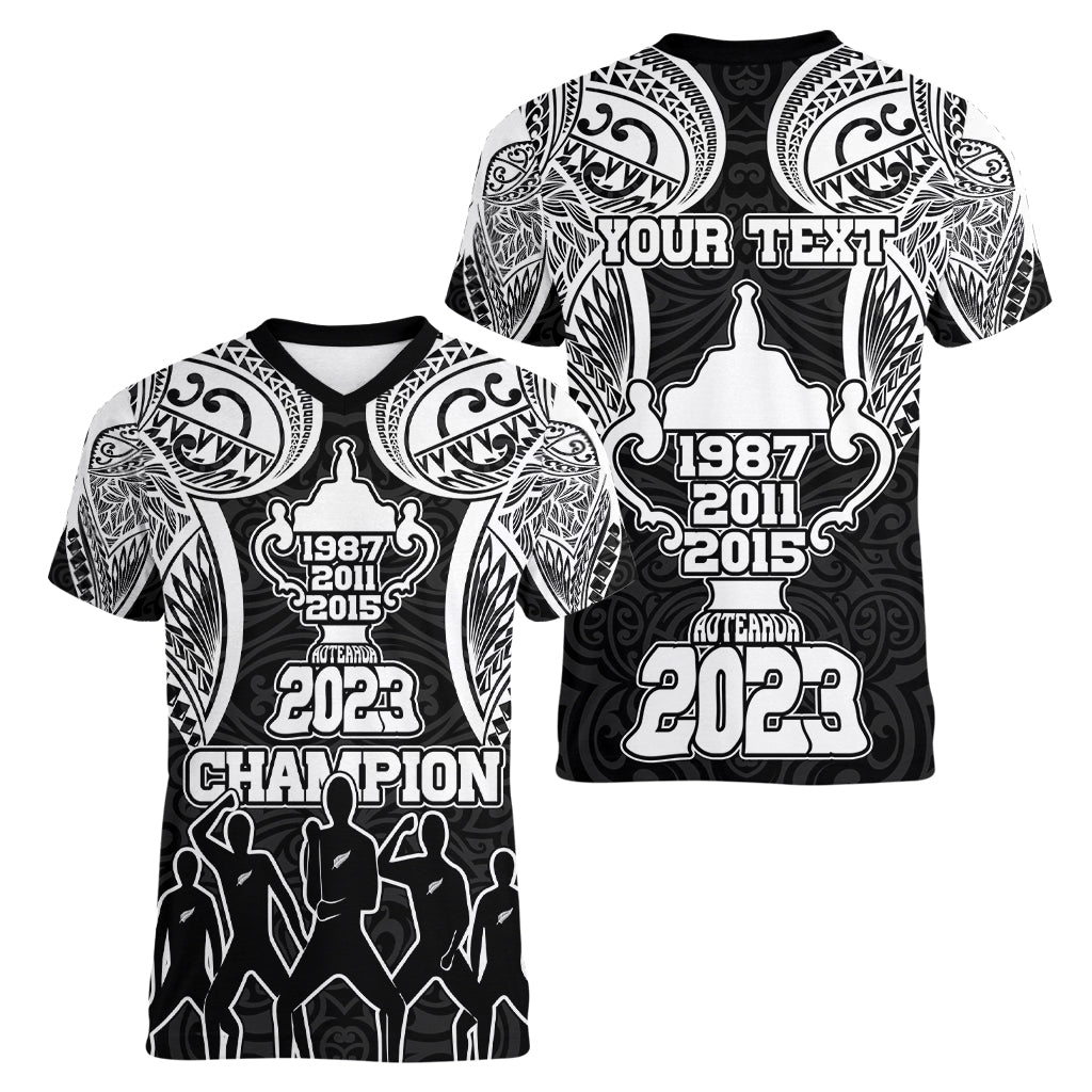 Personalised New Zealand Rugby Women V Neck T Shirt Aotearoa Champion Cup History with Haka Dance LT03 - Polynesian Pride