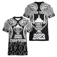 Personalised New Zealand Rugby Women V Neck T Shirt Aotearoa Champion Cup History with Haka Dance LT03 - Polynesian Pride