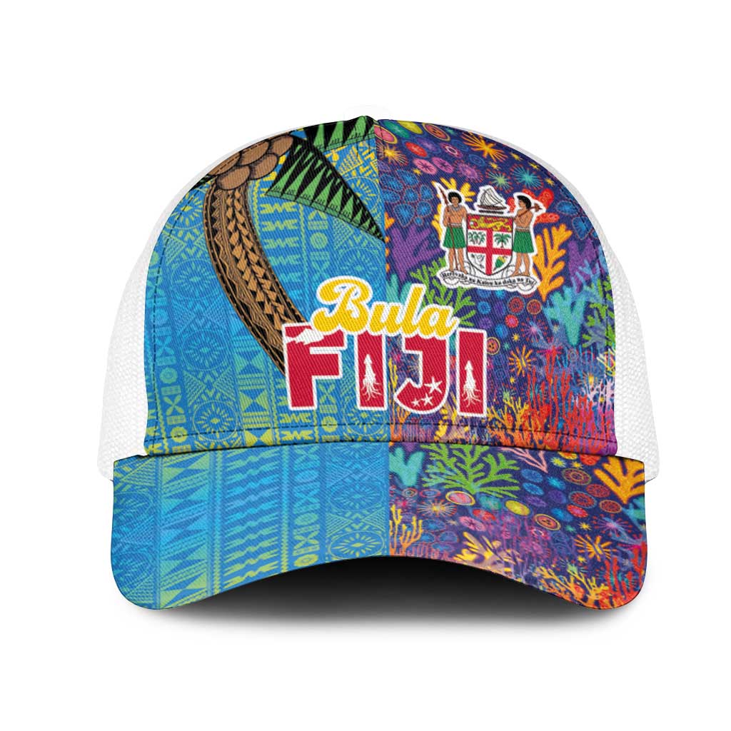 Fijian Coral Reef Mesh Trucker Cap with Traditional Tapa Pattern Split Style LT03 One Size White Multicolor - Polynesian Pride