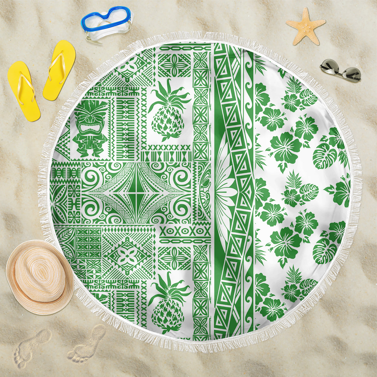 Hawaii Beach Blanket Aloha Tropical Plants Tribal Pattern Green Version LT03 One Size 150cm Green - Polynesian Pride