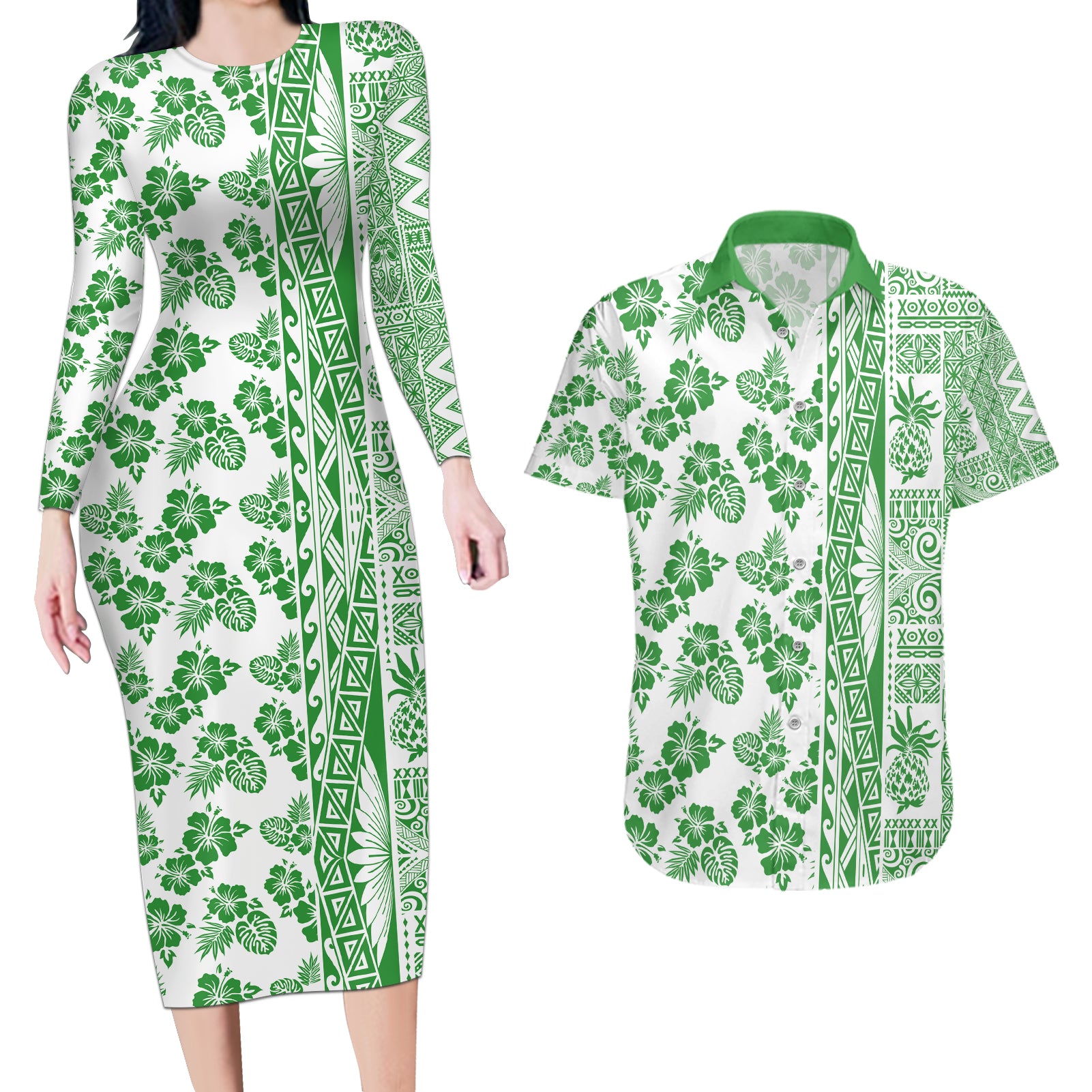 Hawaii Couples Matching Long Sleeve Bodycon Dress and Hawaiian Shirt Aloha Tropical Plants Tribal Pattern Green Version LT03 Green - Polynesian Pride