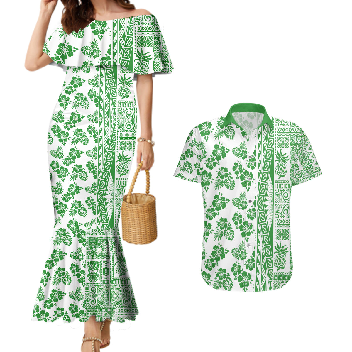 Hawaii Couples Matching Mermaid Dress and Hawaiian Shirt Aloha Tropical Plants Tribal Pattern Green Version LT03 Green - Polynesian Pride