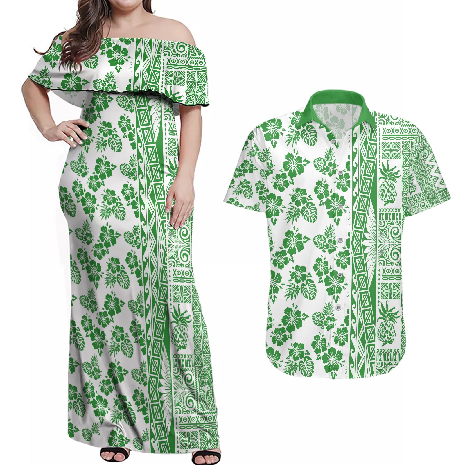 Hawaii Couples Matching Off Shoulder Maxi Dress and Hawaiian Shirt Aloha Tropical Plants Tribal Pattern Green Version LT03 Green - Polynesian Pride