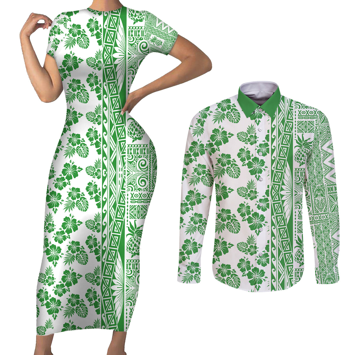 Hawaii Couples Matching Short Sleeve Bodycon Dress and Long Sleeve Button Shirt Aloha Tropical Plants Tribal Pattern Green Version LT03 Green - Polynesian Pride