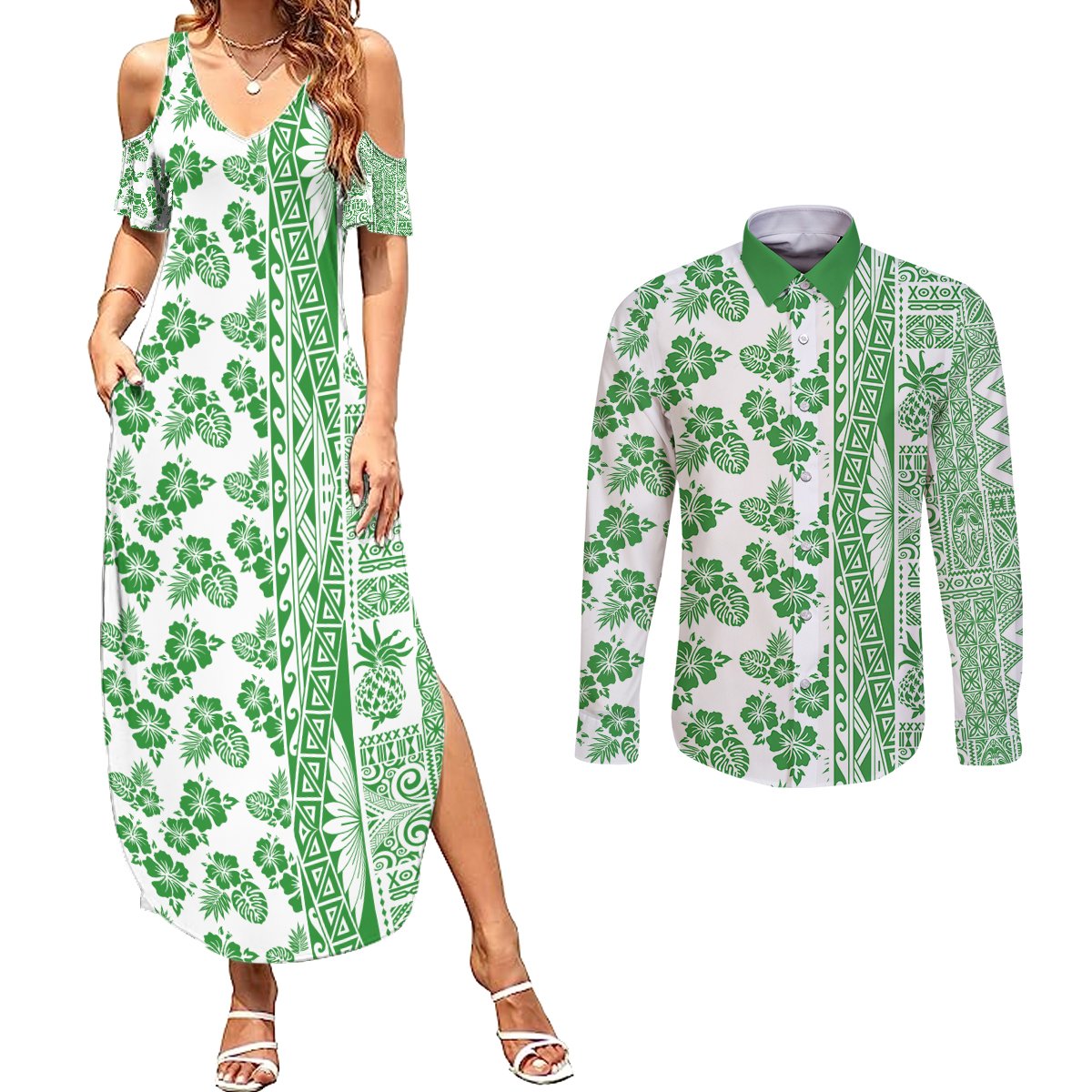 Hawaii Couples Matching Summer Maxi Dress and Long Sleeve Button Shirt Aloha Tropical Plants Tribal Pattern Green Version LT03 Green - Polynesian Pride