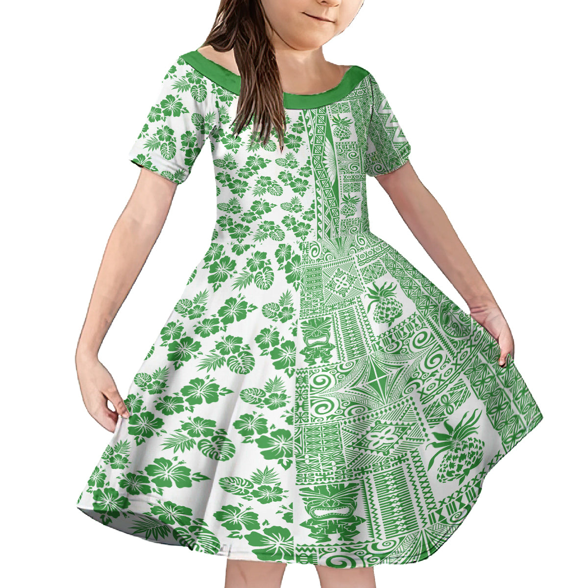 Hawaii Family Matching Long Sleeve Bodycon Dress and Hawaiian Shirt Aloha Tropical Plants Tribal Pattern Green Version LT03 Daughter's Dress Green - Polynesian Pride