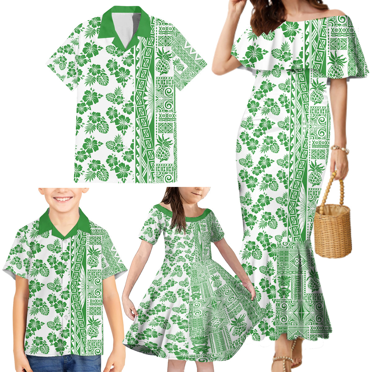 Hawaii Family Matching Mermaid Dress and Hawaiian Shirt Aloha Tropical Plants Tribal Pattern Green Version LT03 - Polynesian Pride