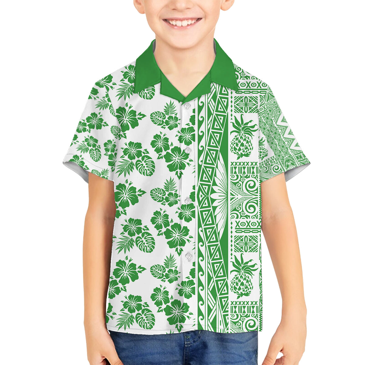 Hawaii Family Matching Off Shoulder Long Sleeve Dress and Hawaiian Shirt Aloha Tropical Plants Tribal Pattern Green Version LT03 Son's Shirt Green - Polynesian Pride