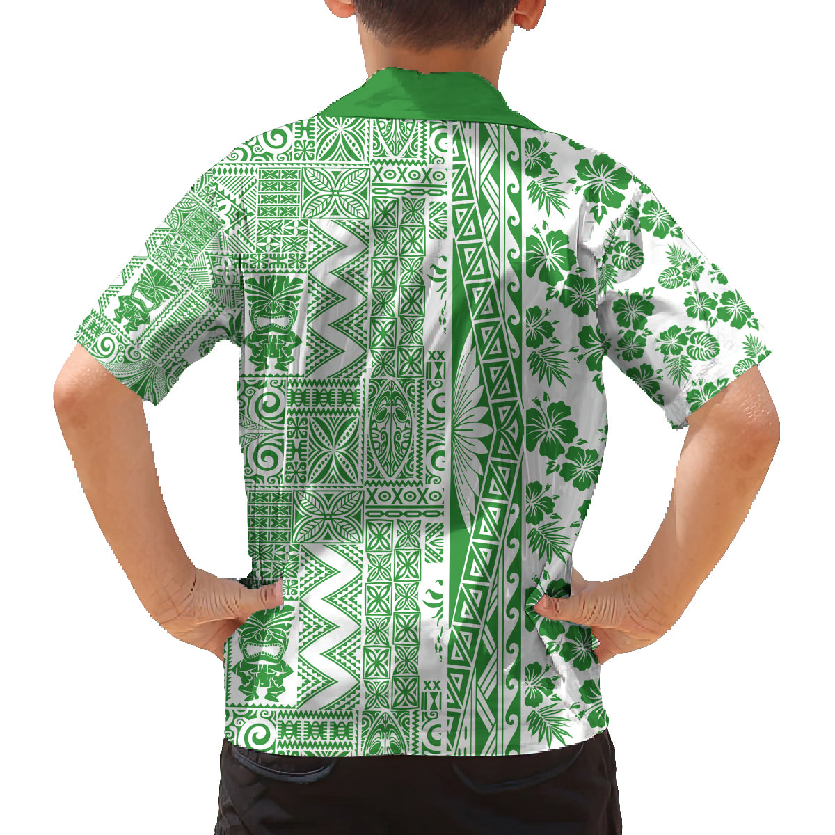 Hawaii Family Matching Off Shoulder Maxi Dress and Hawaiian Shirt Aloha Tropical Plants Tribal Pattern Green Version LT03 - Polynesian Pride