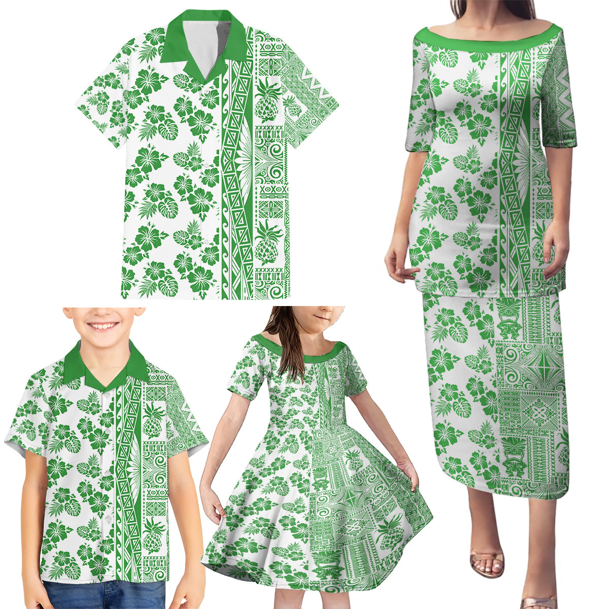 Hawaii Family Matching Puletasi Dress and Hawaiian Shirt Aloha Tropical Plants Tribal Pattern Green Version LT03 - Polynesian Pride