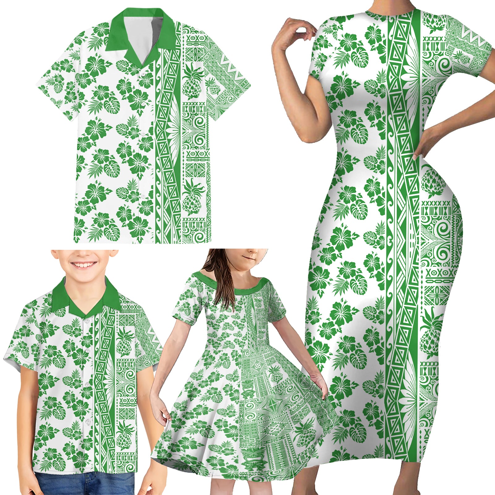 Hawaii Family Matching Short Sleeve Bodycon Dress and Hawaiian Shirt Aloha Tropical Plants Tribal Pattern Green Version LT03 - Polynesian Pride