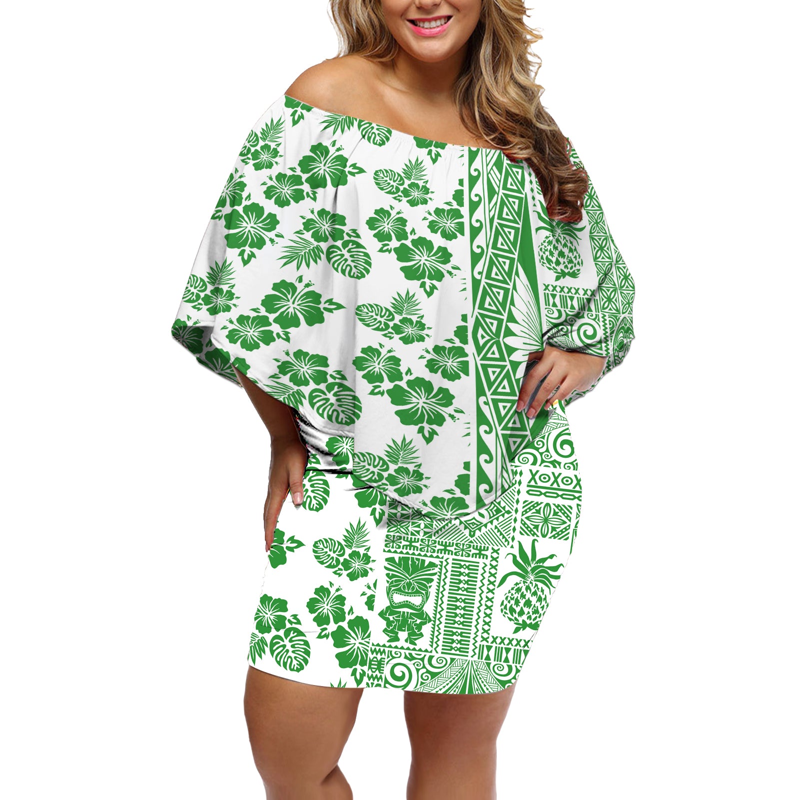 Hawaii Off Shoulder Short Dress Aloha Tropical Plants Tribal Pattern Green Version LT03 Women Green - Polynesian Pride