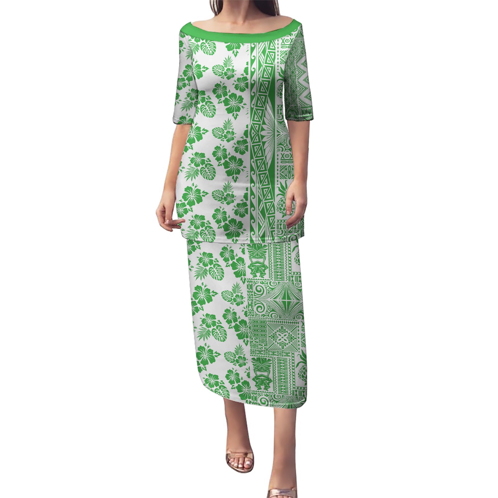 Hawaii Puletasi Aloha Tropical Plants Tribal Pattern Green Version LT03 Long Dress Green - Polynesian Pride