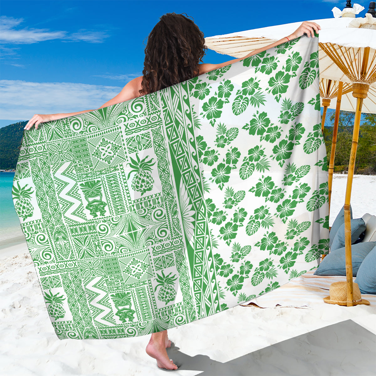 Hawaii Sarong Aloha Tropical Plants Tribal Pattern Green Version LT03 One Size 44 x 66 inches Green - Polynesian Pride