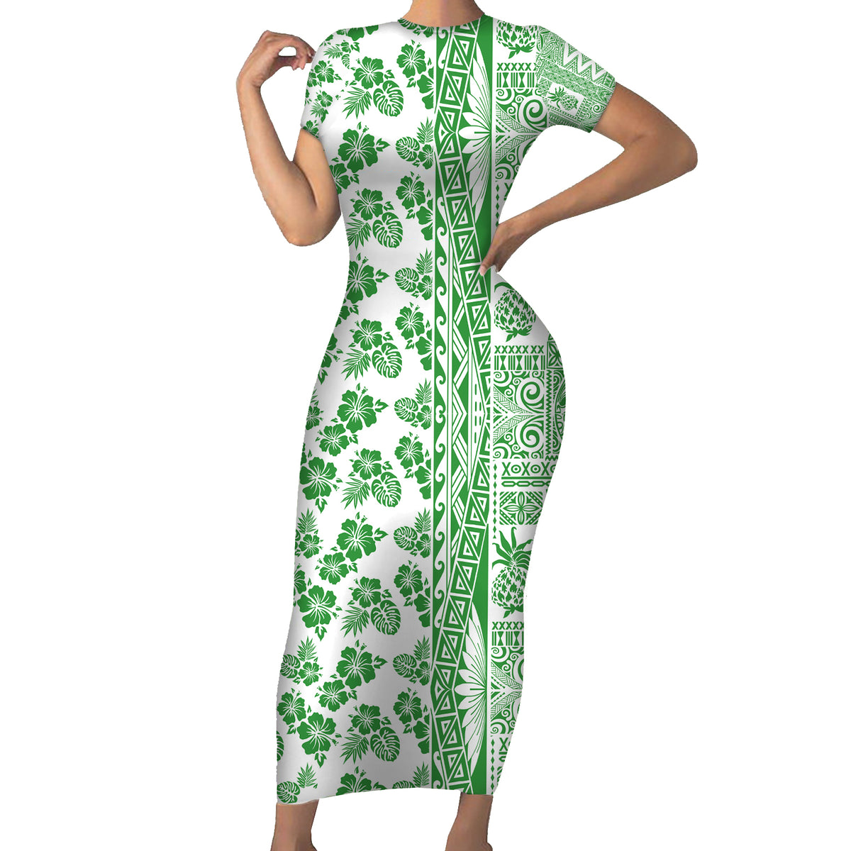 Hawaii Short Sleeve Bodycon Dress Aloha Tropical Plants Tribal Pattern Green Version LT03 Long Dress Green - Polynesian Pride