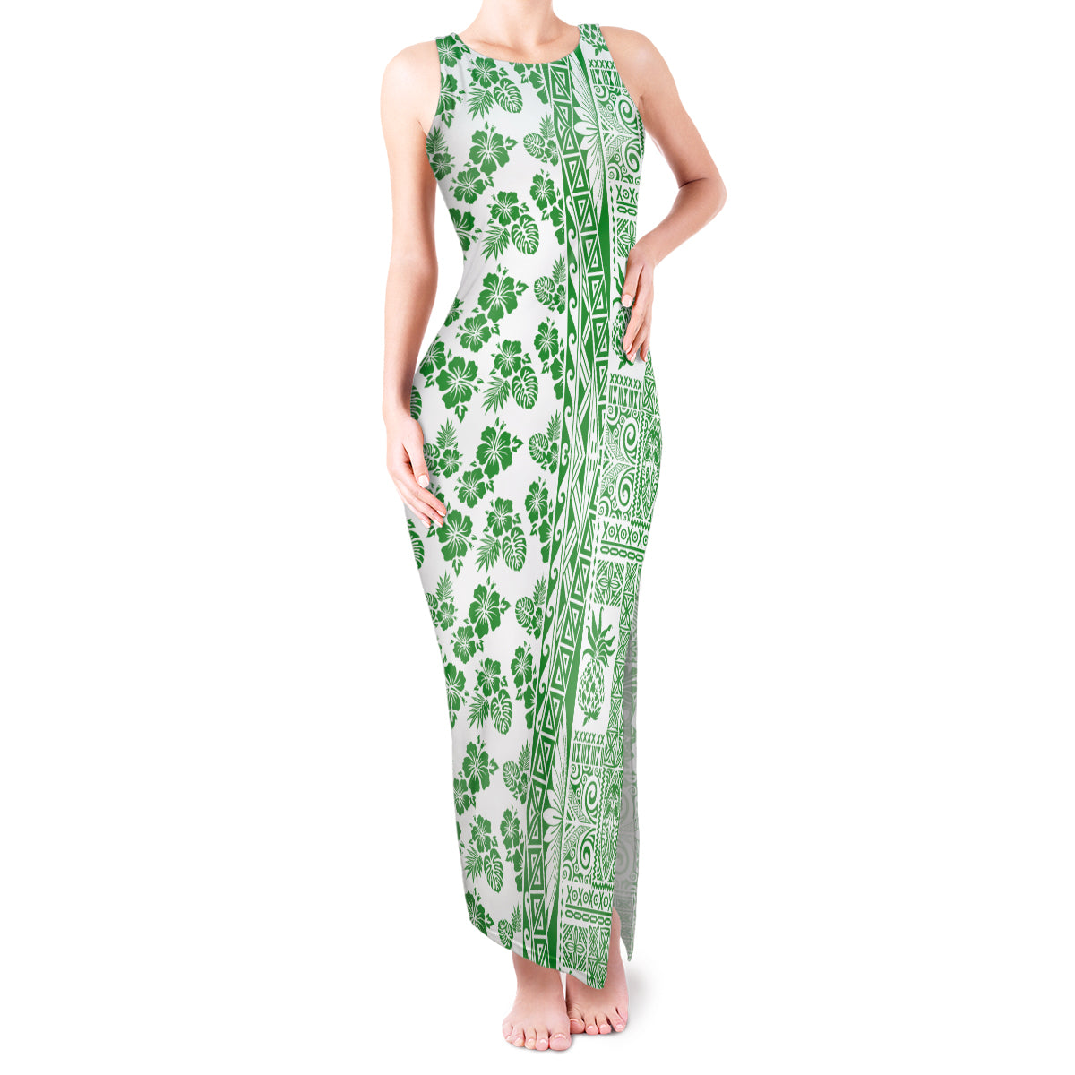 Hawaii Tank Maxi Dress Aloha Tropical Plants Tribal Pattern Green Version LT03 Women Green - Polynesian Pride