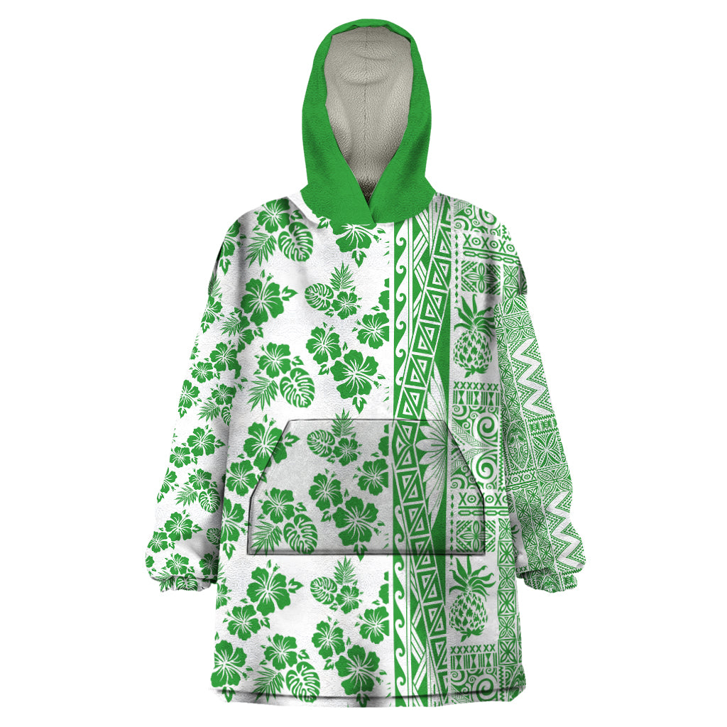 Hawaii Wearable Blanket Hoodie Aloha Tropical Plants Tribal Pattern Green Version LT03 One Size Green - Polynesian Pride