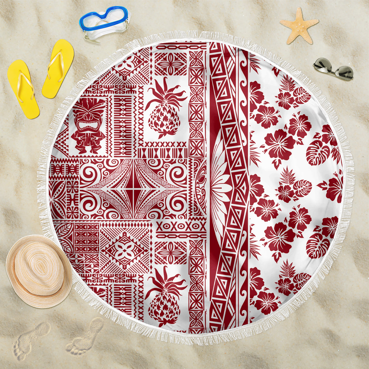 Hawaii Beach Blanket Aloha Tropical Plants Tribal Pattern Red Version LT03 One Size 150cm Red - Polynesian Pride