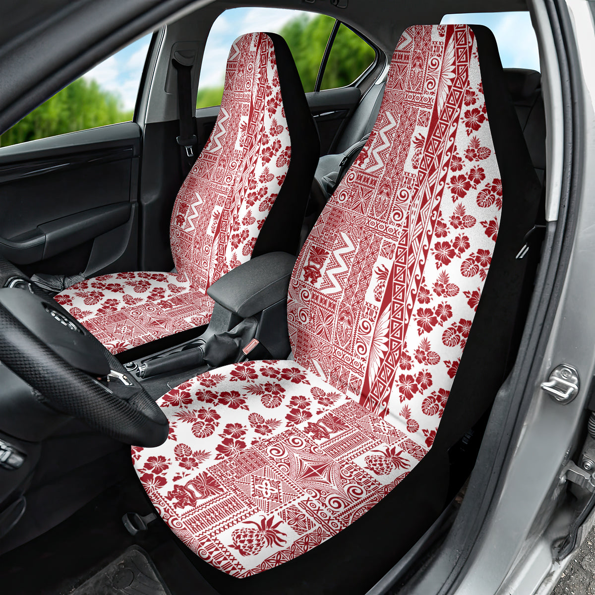 Hawaii Car Seat Cover Aloha Tropical Plants Tribal Pattern Red Version LT03 - Polynesian Pride