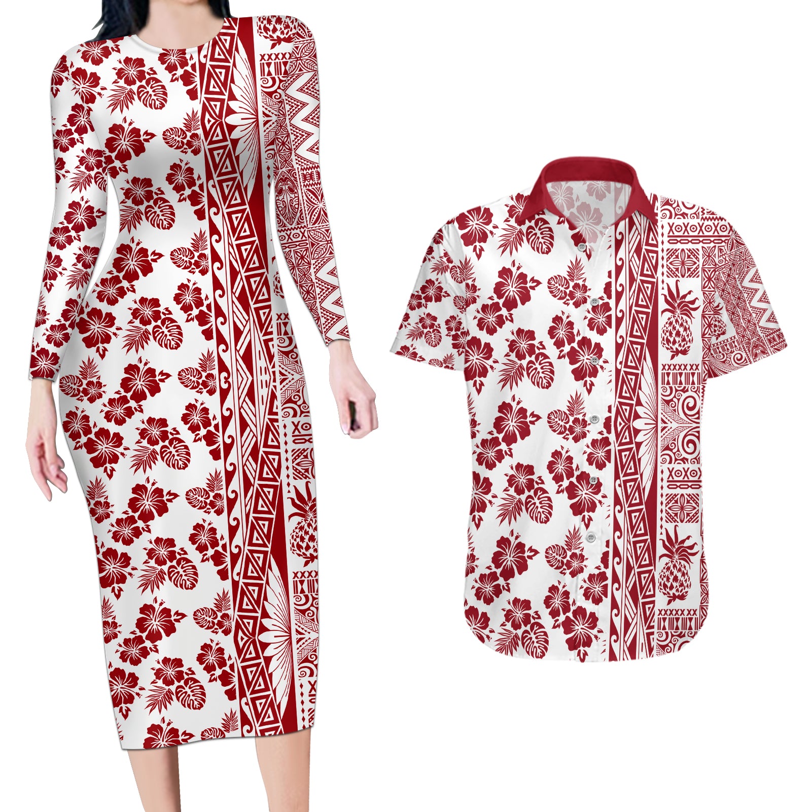 Hawaii Couples Matching Long Sleeve Bodycon Dress and Hawaiian Shirt Aloha Tropical Plants Tribal Pattern Red Version LT03 Red - Polynesian Pride