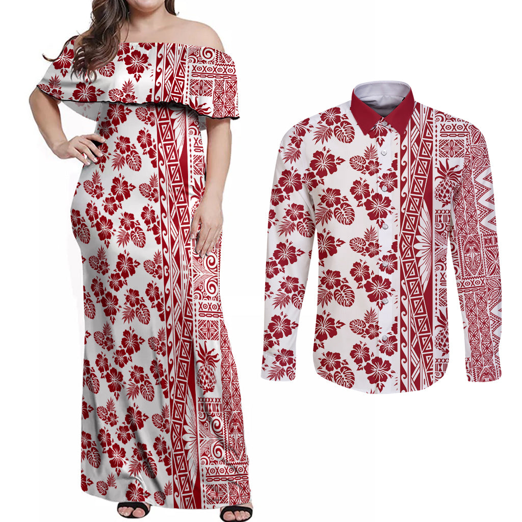 Hawaii Couples Matching Off Shoulder Maxi Dress and Long Sleeve Button Shirt Aloha Tropical Plants Tribal Pattern Red Version LT03 Red - Polynesian Pride