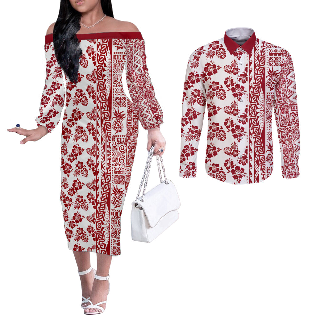 Hawaii Couples Matching Off The Shoulder Long Sleeve Dress and Long Sleeve Button Shirt Aloha Tropical Plants Tribal Pattern Red Version LT03 Red - Polynesian Pride