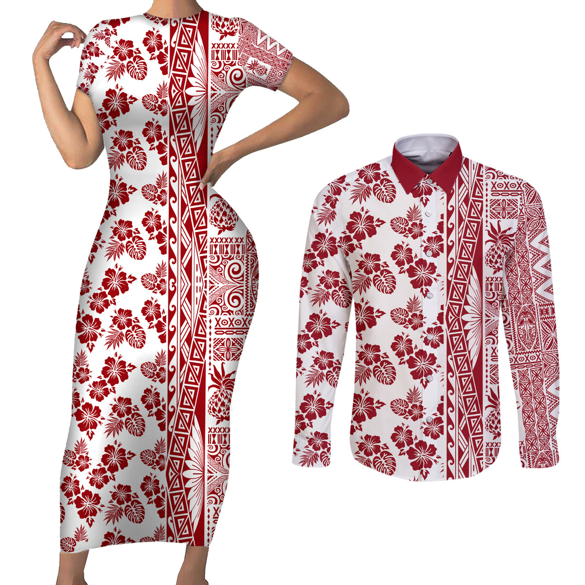 Hawaii Couples Matching Short Sleeve Bodycon Dress and Long Sleeve Button Shirt Aloha Tropical Plants Tribal Pattern Red Version LT03 Red - Polynesian Pride