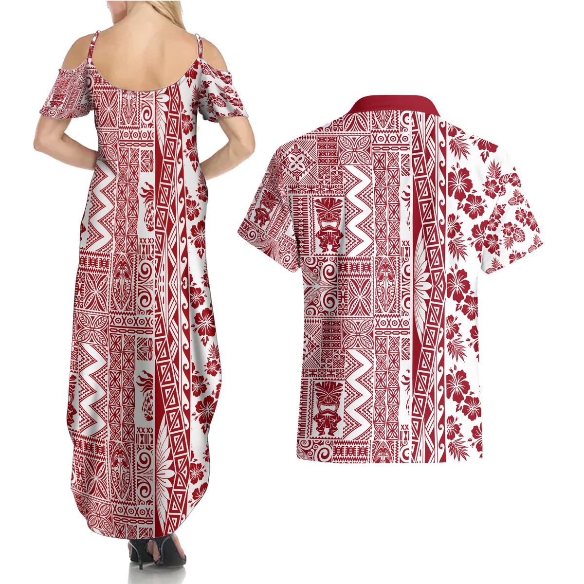 Hawaii Couples Matching Summer Maxi Dress and Hawaiian Shirt Aloha Tropical Plants Tribal Pattern Red Version LT03 - Polynesian Pride