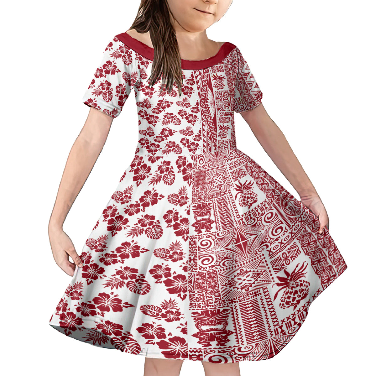 Hawaii Family Matching Long Sleeve Bodycon Dress and Hawaiian Shirt Aloha Tropical Plants Tribal Pattern Red Version LT03 Daughter's Dress Red - Polynesian Pride