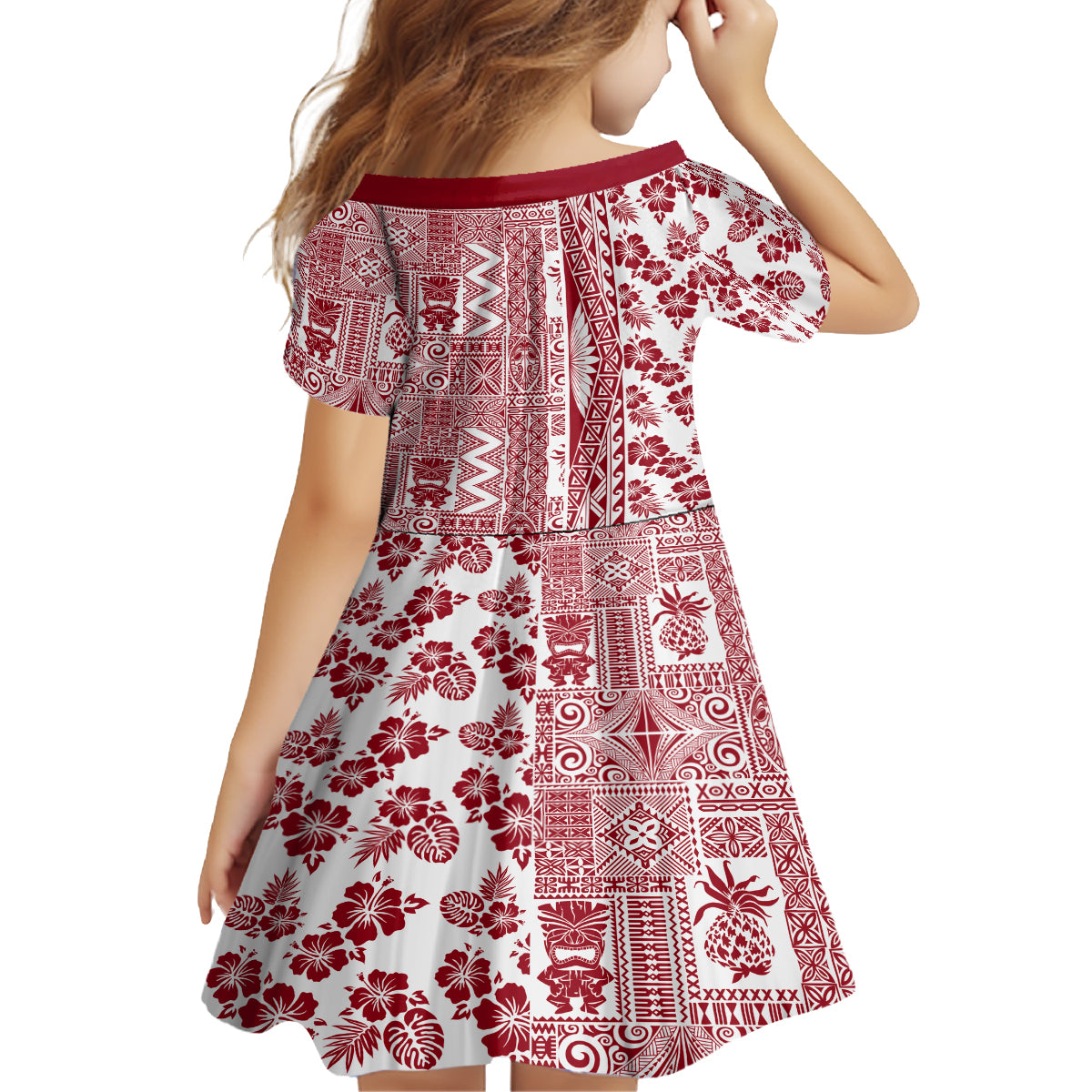 Hawaii Family Matching Long Sleeve Bodycon Dress and Hawaiian Shirt Aloha Tropical Plants Tribal Pattern Red Version LT03 - Polynesian Pride