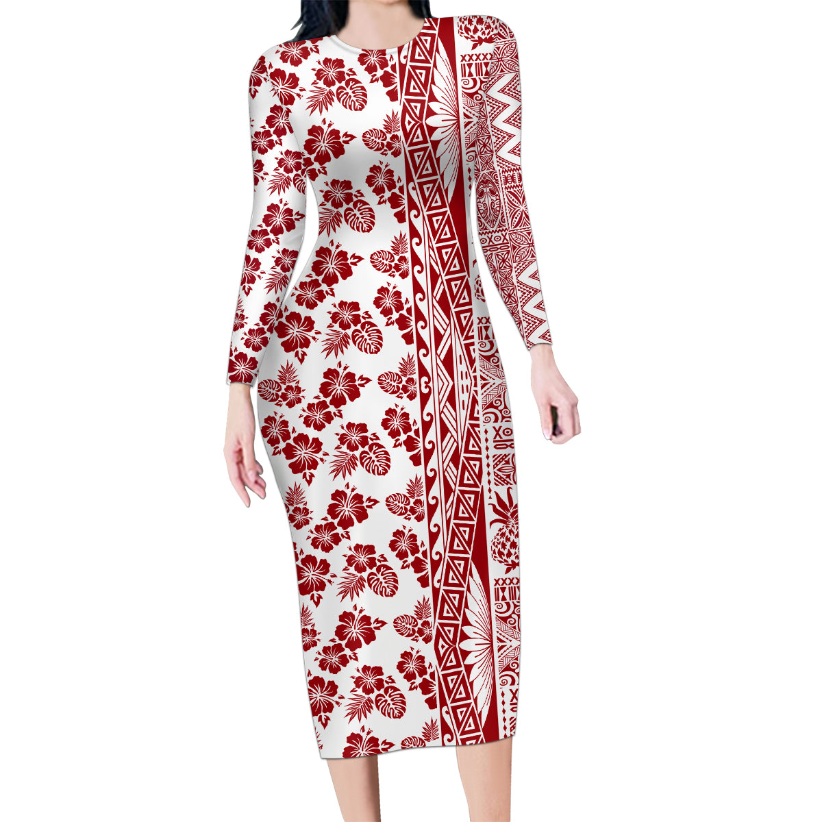 Hawaii Family Matching Long Sleeve Bodycon Dress and Hawaiian Shirt Aloha Tropical Plants Tribal Pattern Red Version LT03 Mom's Dress Red - Polynesian Pride