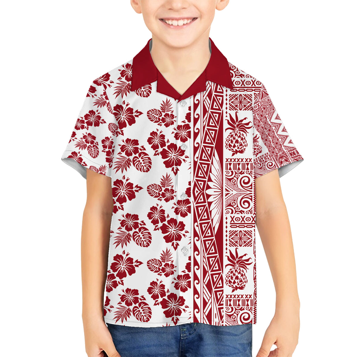 Hawaii Family Matching Long Sleeve Bodycon Dress and Hawaiian Shirt Aloha Tropical Plants Tribal Pattern Red Version LT03 Son's Shirt Red - Polynesian Pride