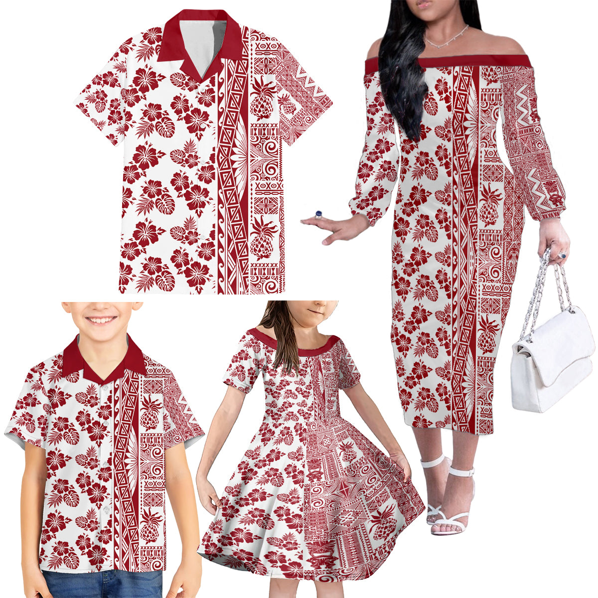 Hawaii Family Matching Off Shoulder Long Sleeve Dress and Hawaiian Shirt Aloha Tropical Plants Tribal Pattern Red Version LT03 - Polynesian Pride