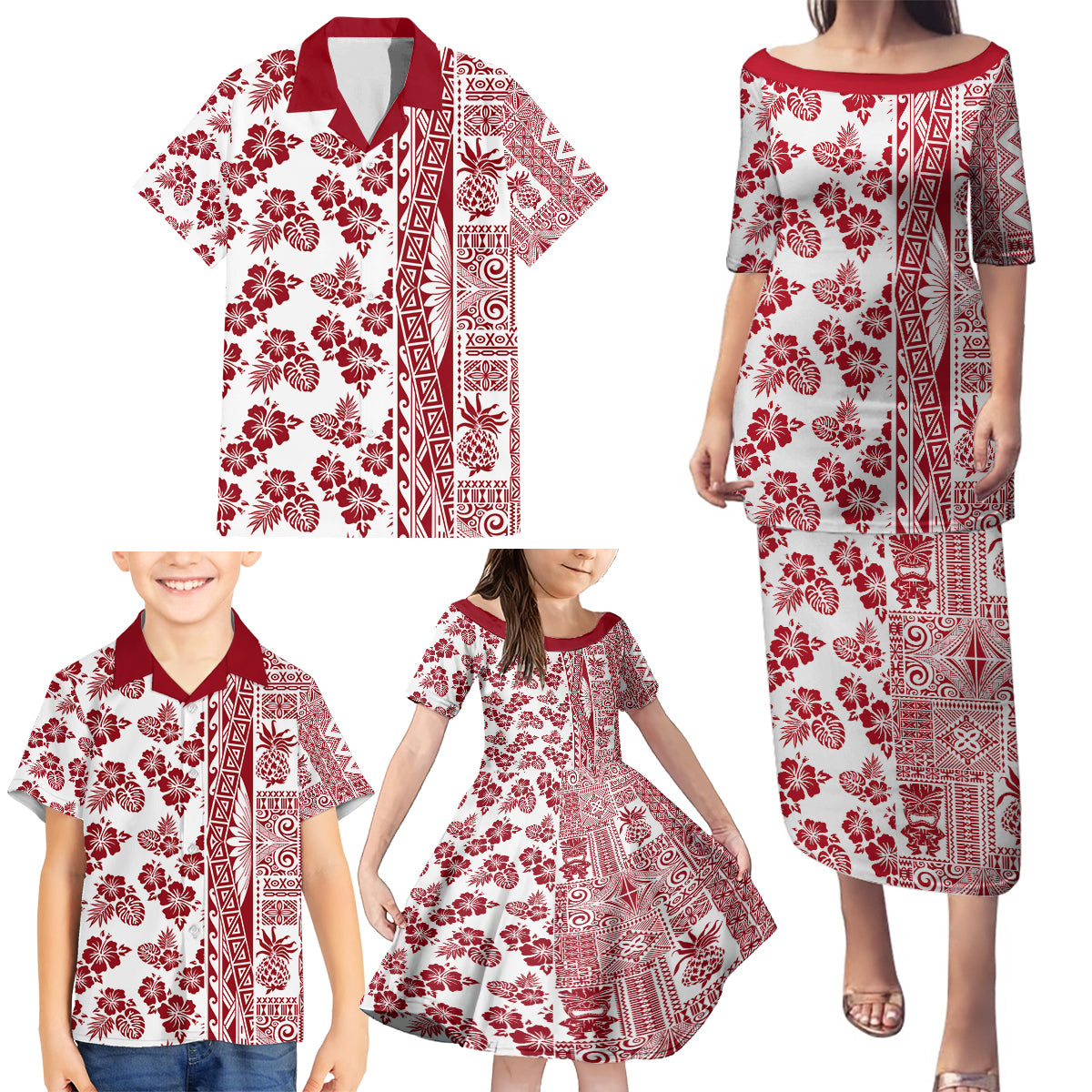 Hawaii Family Matching Puletasi Dress and Hawaiian Shirt Aloha Tropical Plants Tribal Pattern Red Version LT03 - Polynesian Pride