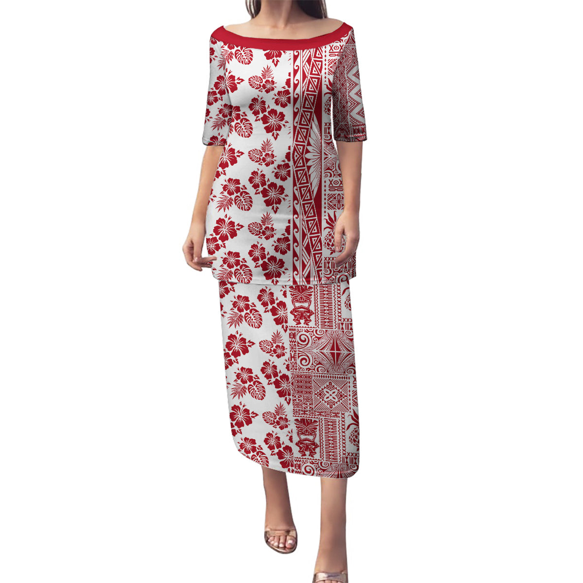 Hawaii Family Matching Puletasi Dress and Hawaiian Shirt Aloha Tropical Plants Tribal Pattern Red Version LT03 Mom's Dress Red - Polynesian Pride
