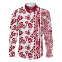 Hawaii Family Matching Short Sleeve Bodycon Dress and Hawaiian Shirt Aloha Tropical Plants Tribal Pattern Red Version LT03 Dad's Shirt - Long Sleeve Red - Polynesian Pride