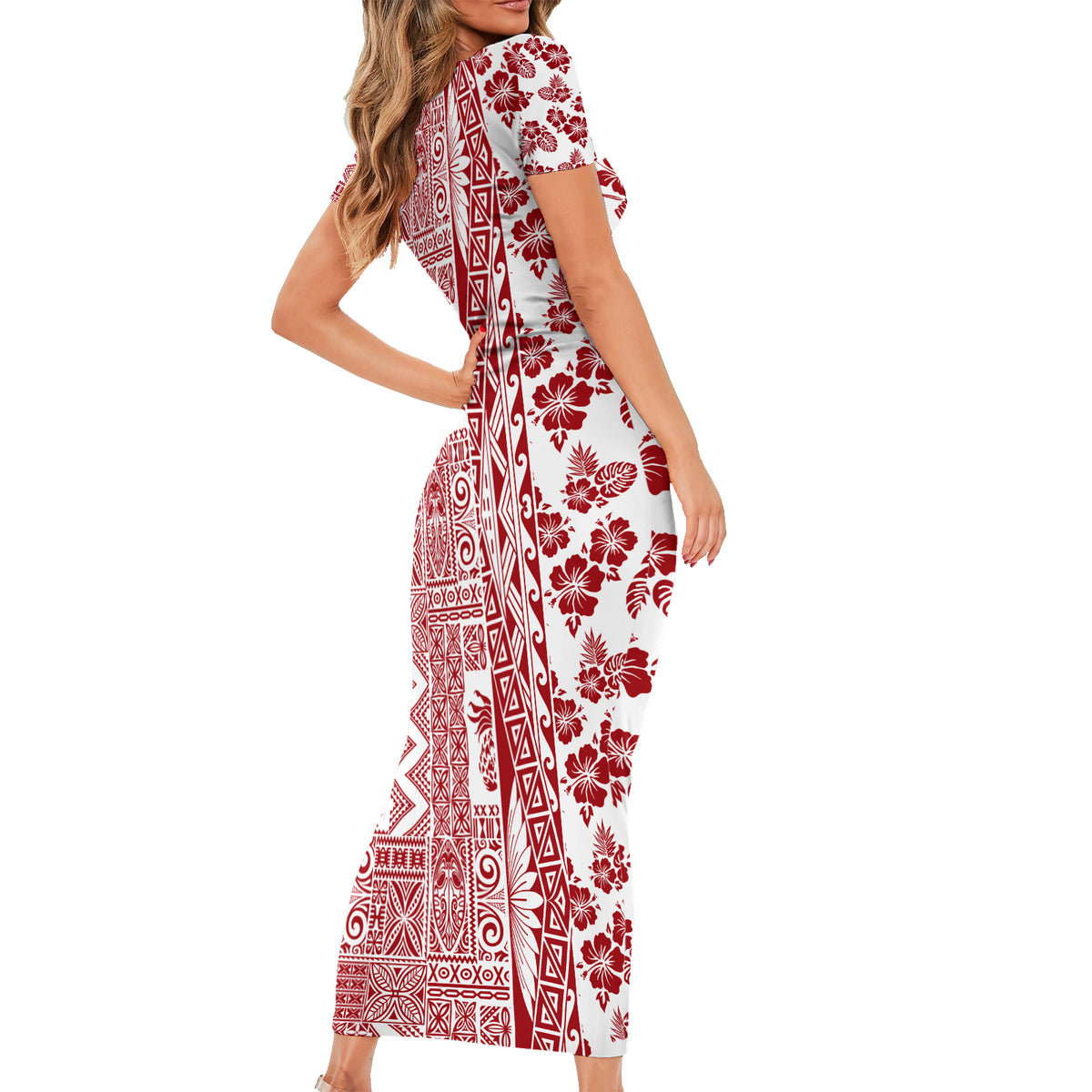 Hawaii Family Matching Short Sleeve Bodycon Dress and Hawaiian Shirt Aloha Tropical Plants Tribal Pattern Red Version LT03 - Polynesian Pride