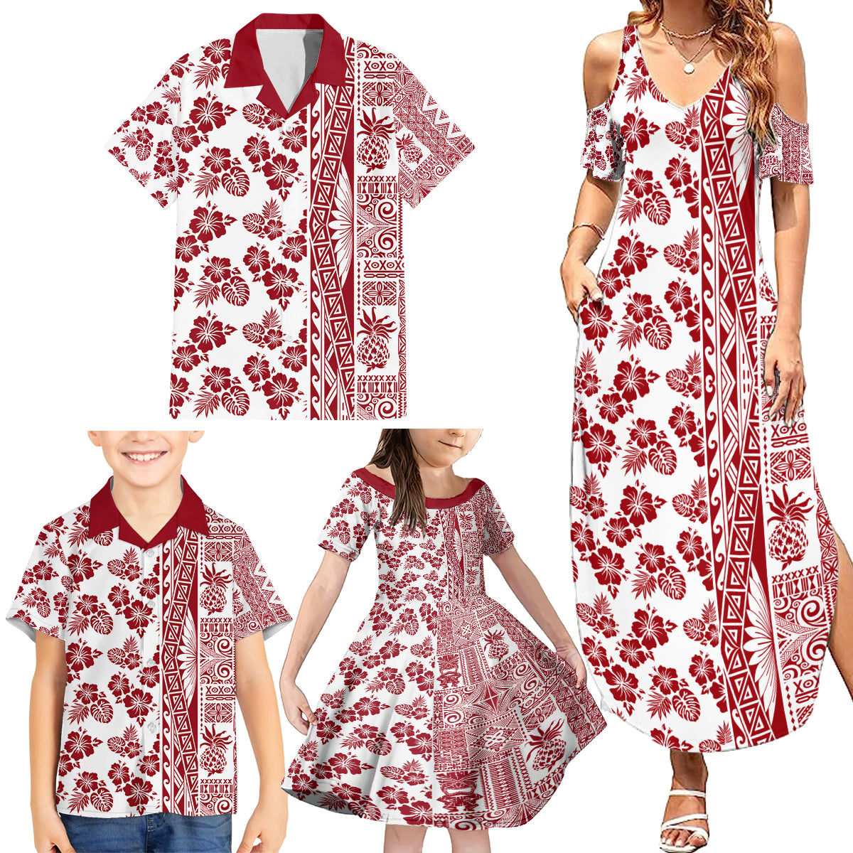 Hawaii Family Matching Summer Maxi Dress and Hawaiian Shirt Aloha Tropical Plants Tribal Pattern Red Version LT03 - Polynesian Pride