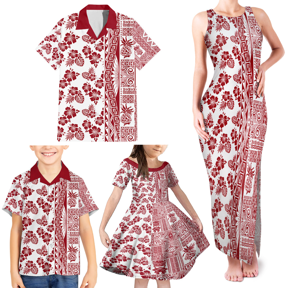 Hawaii Family Matching Tank Maxi Dress and Hawaiian Shirt Aloha Tropical Plants Tribal Pattern Red Version LT03 - Polynesian Pride