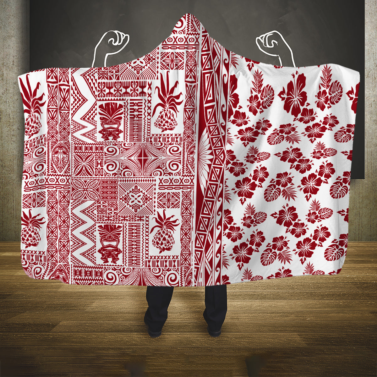 Hawaii Hooded Blanket Aloha Tropical Plants Tribal Pattern Red Version LT03 One Size Red - Polynesian Pride