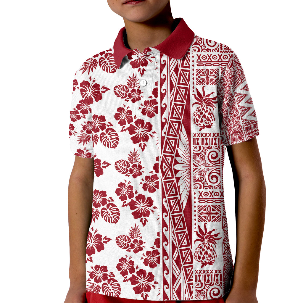 Hawaii Kid Polo Shirt Aloha Tropical Plants Tribal Pattern Red Version LT03 Kid Red - Polynesian Pride