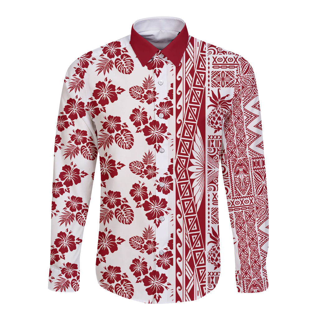 Hawaii Long Sleeve Button Shirt Aloha Tropical Plants Tribal Pattern Red Version LT03 Unisex Red - Polynesian Pride