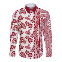 Hawaii Long Sleeve Button Shirt Aloha Tropical Plants Tribal Pattern Red Version LT03 Unisex Red - Polynesian Pride