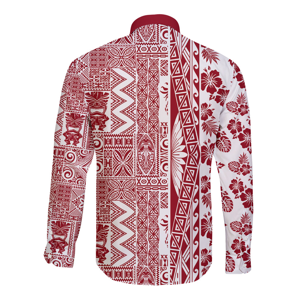 Hawaii Long Sleeve Button Shirt Aloha Tropical Plants Tribal Pattern Red Version LT03 - Polynesian Pride