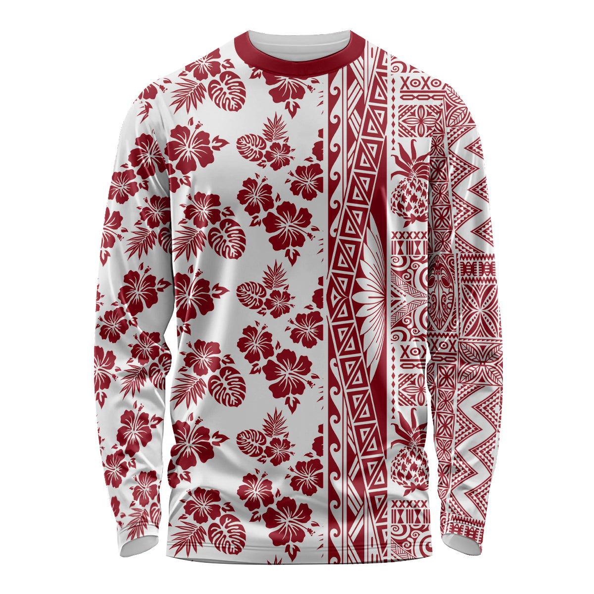 Hawaii Long Sleeve Shirt Aloha Tropical Plants Tribal Pattern Red Version LT03 Unisex Red - Polynesian Pride