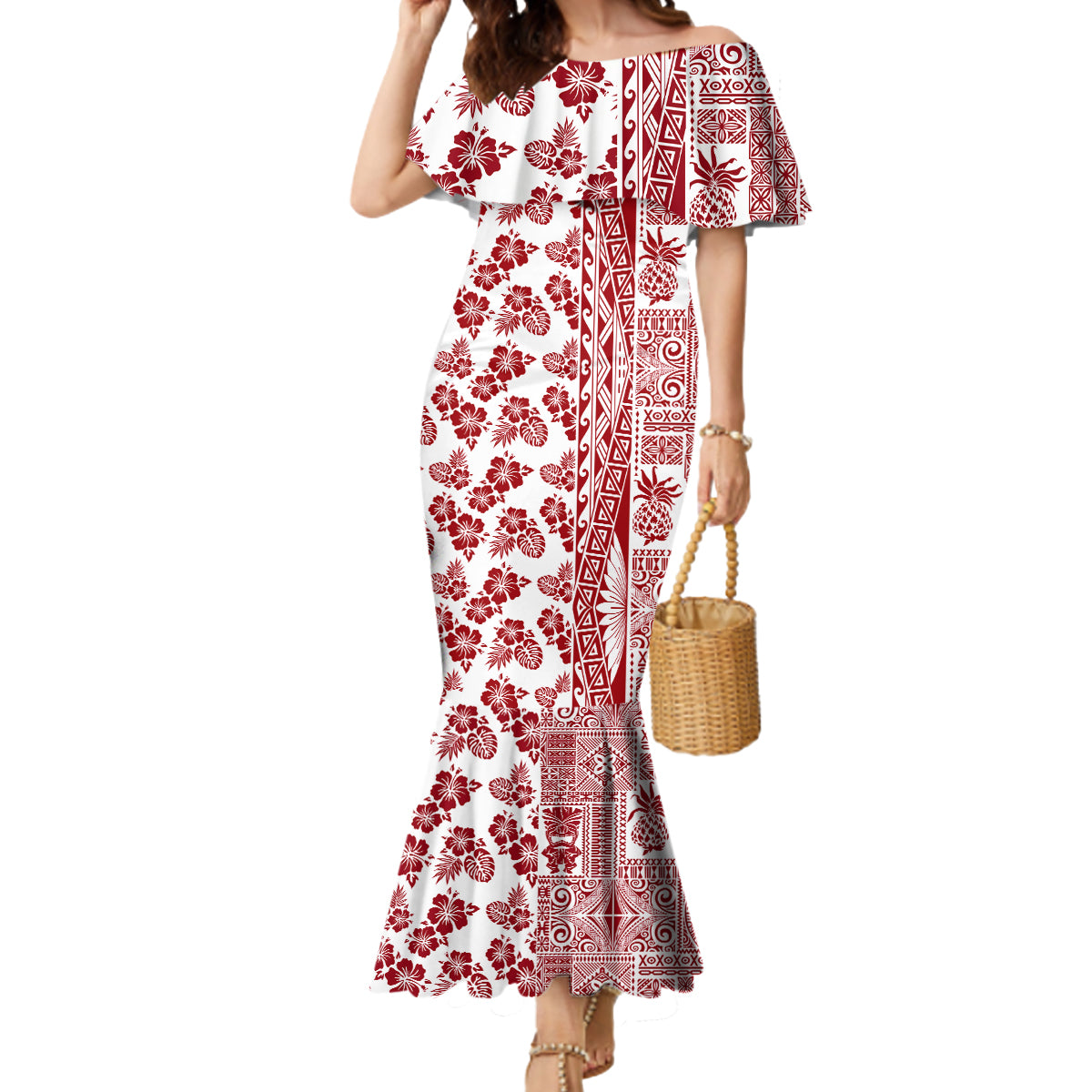 Hawaii Mermaid Dress Aloha Tropical Plants Tribal Pattern Red Version LT03 Women Red - Polynesian Pride