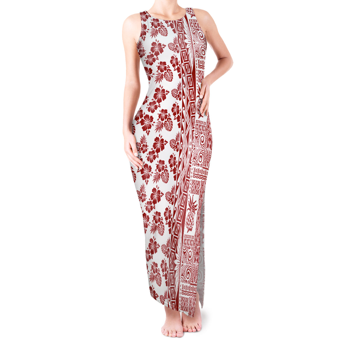 Hawaii Tank Maxi Dress Aloha Tropical Plants Tribal Pattern Red Version LT03 Women Red - Polynesian Pride