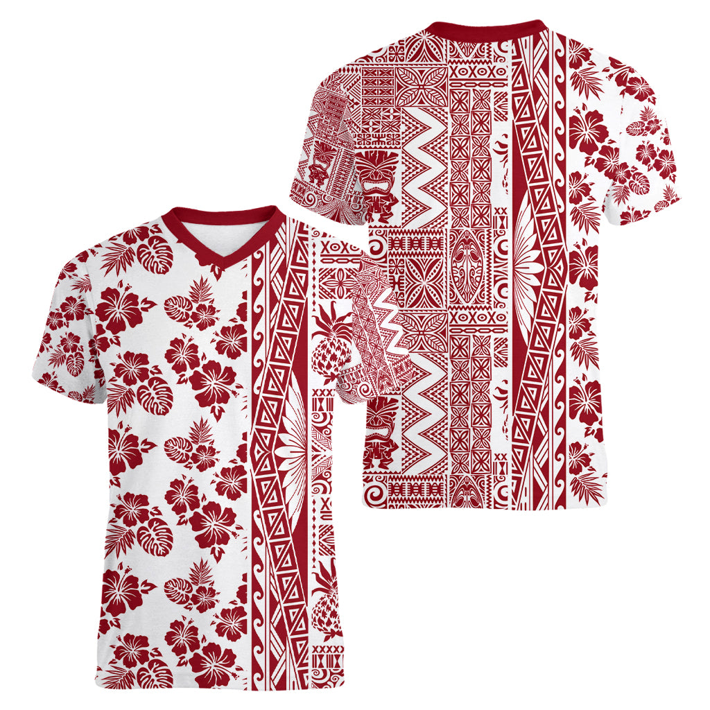 Hawaii Women V Neck T Shirt Aloha Tropical Plants Tribal Pattern Red Version LT03 - Polynesian Pride