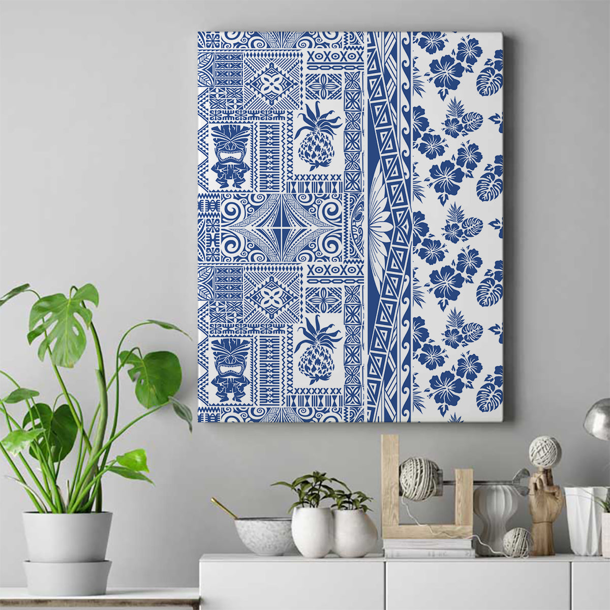 Hawaii Canvas Wall Art Aloha Tropical Plants Tribal Pattern Blue Version LT03 Blue - Polynesian Pride