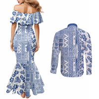 Hawaii Couples Matching Mermaid Dress and Long Sleeve Button Shirt Aloha Tropical Plants Tribal Pattern Blue Version LT03 - Polynesian Pride
